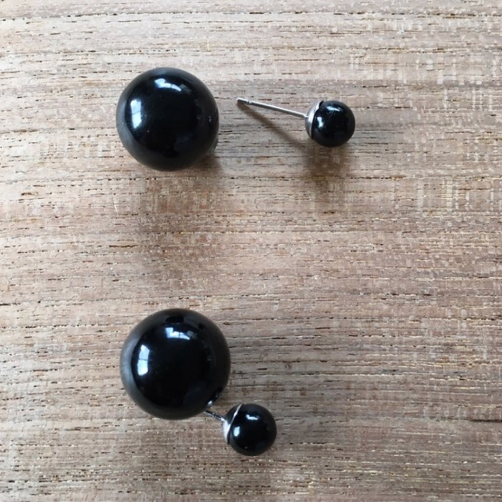 Black double bauble ear jacket earrings